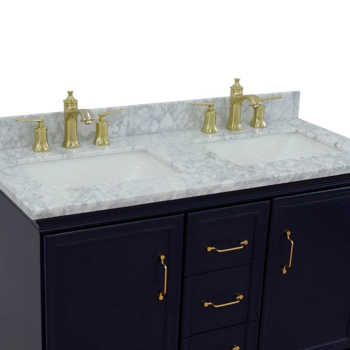 Bellaterra Home Forli 49" 2-Door 3-Drawer Blue Freestanding Vanity Set With Ceramic Double Undermount Rectangular Sink and White Carrara Marble Top - Luxe Vanity & Tub