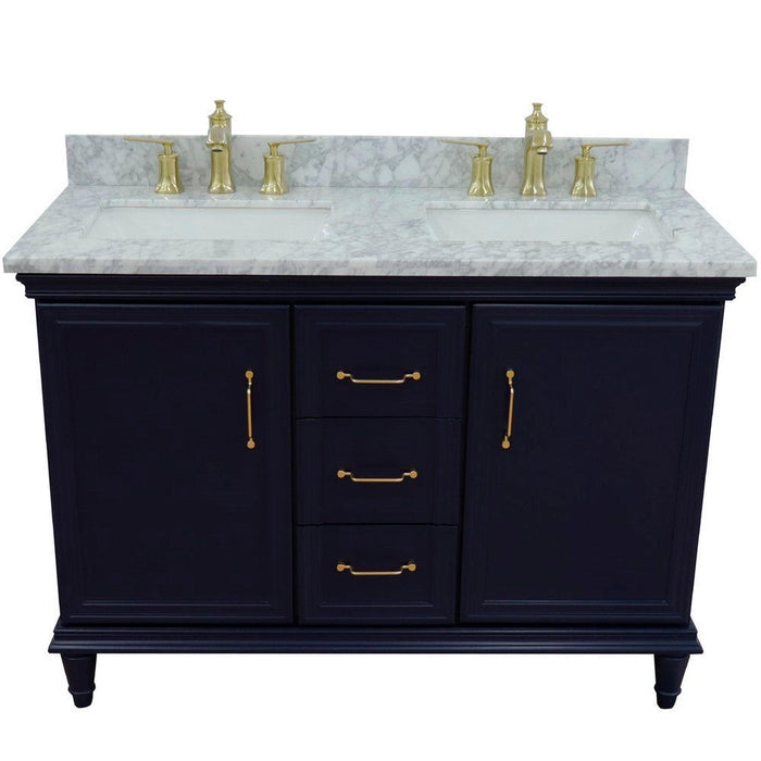 Bellaterra Home Forli 49" 2-Door 3-Drawer Blue Freestanding Vanity Set With Ceramic Double Undermount Rectangular Sink and White Carrara Marble Top - Luxe Vanity & Tub