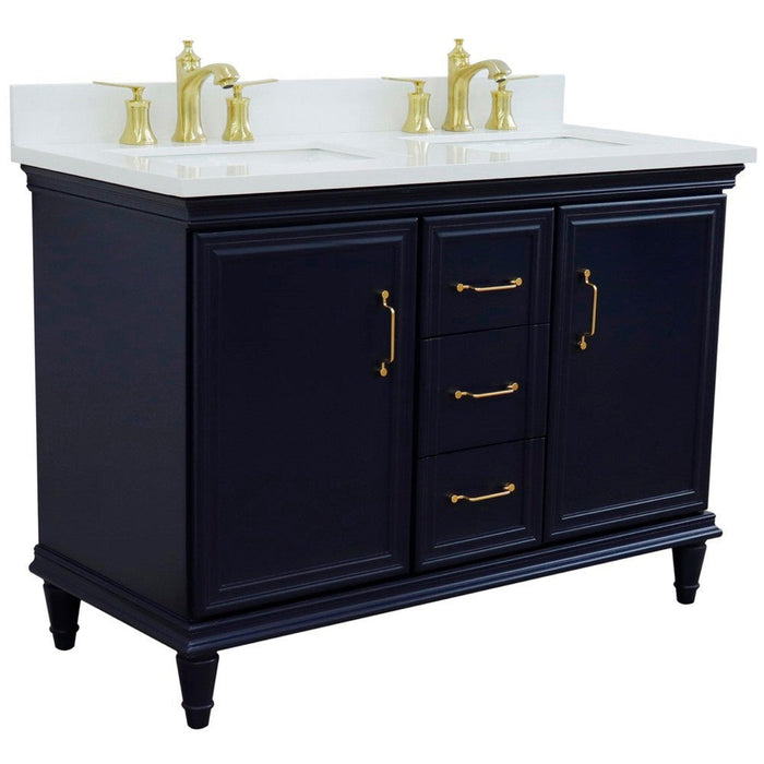 Bellaterra Home Forli 49" 2-Door 3-Drawer Blue Freestanding Vanity Set With Ceramic Double Undermount Rectangular Sink and White Quartz Top - Luxe Vanity & Tub