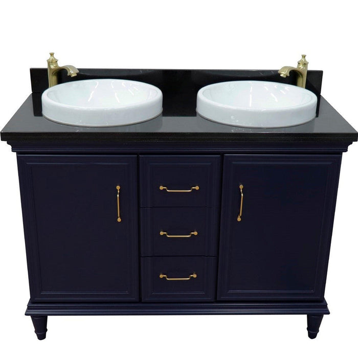 Bellaterra Home Forli 49" 2-Door 3-Drawer Blue Freestanding Vanity Set With Ceramic Double Vessel Sink and Black Galaxy Granite Top - Luxe Vanity & Tub