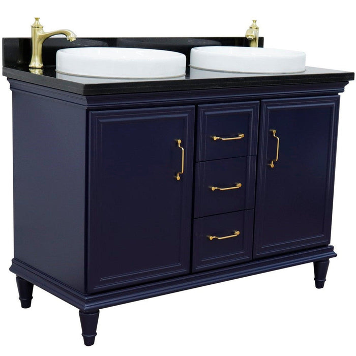 Bellaterra Home Forli 49" 2-Door 3-Drawer Blue Freestanding Vanity Set With Ceramic Double Vessel Sink and Black Galaxy Granite Top - Luxe Vanity & Tub