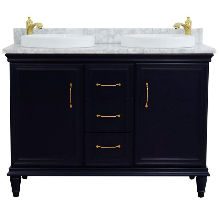 Bellaterra Home Forli 49" 2-Door 3-Drawer Blue Freestanding Vanity Set With Ceramic Double Vessel Sink and White Carrara Marble Top - Luxe Vanity & Tub