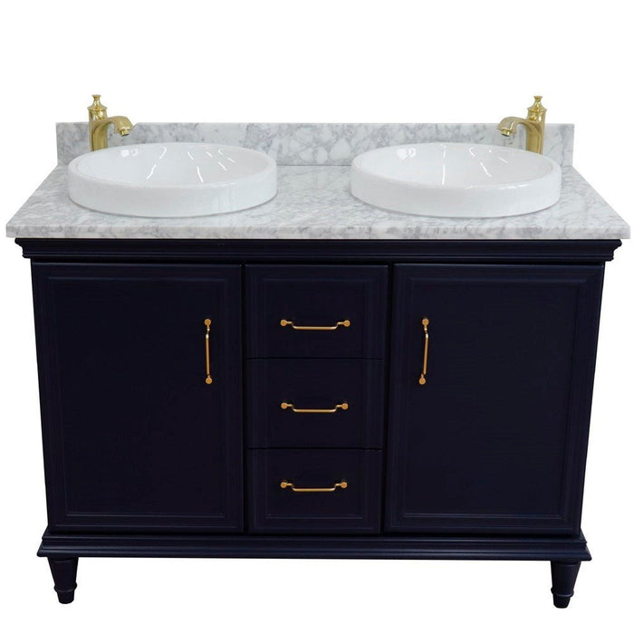 Bellaterra Home Forli 49" 2-Door 3-Drawer Blue Freestanding Vanity Set With Ceramic Double Vessel Sink and White Carrara Marble Top - Luxe Vanity & Tub