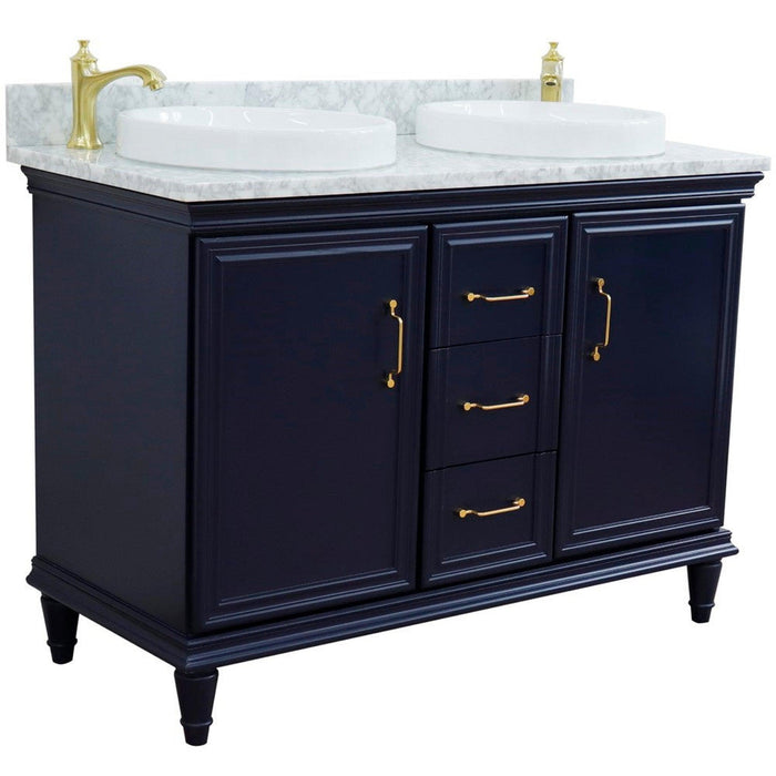 Bellaterra Home Forli 49" 2-Door 3-Drawer Blue Freestanding Vanity Set With Ceramic Double Vessel Sink and White Carrara Marble Top - Luxe Vanity & Tub