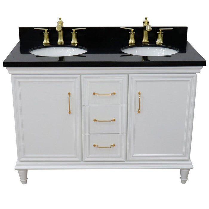 Bellaterra Home Forli 49" 2-Door 3-Drawer White Freestanding Vanity Set With Ceramic Double Undermount Oval Sink and Black Galaxy Granite Top - Luxe Vanity & Tub