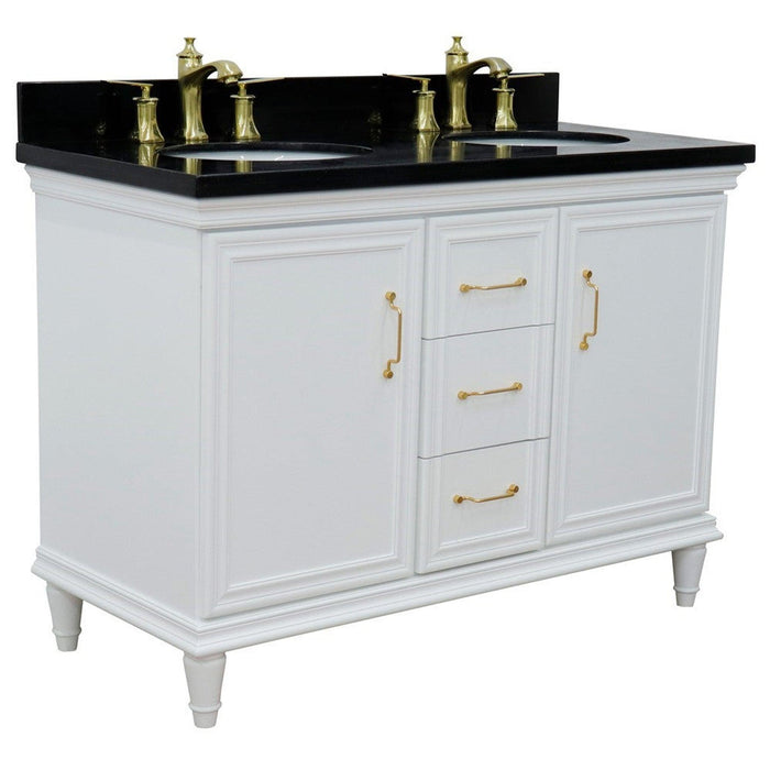 Bellaterra Home Forli 49" 2-Door 3-Drawer White Freestanding Vanity Set With Ceramic Double Undermount Oval Sink and Black Galaxy Granite Top - Luxe Vanity & Tub