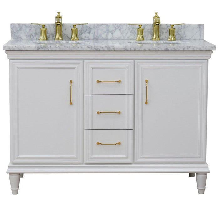 Bellaterra Home Forli 49" 2-Door 3-Drawer White Freestanding Vanity Set With Ceramic Double Undermount Oval Sink and White Carrara Marble Top - Luxe Vanity & Tub