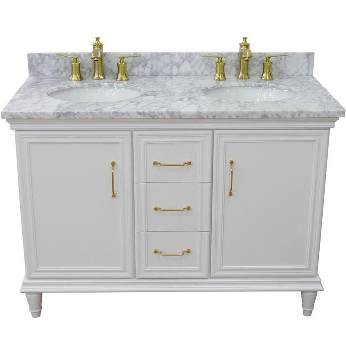 Bellaterra Home Forli 49" 2-Door 3-Drawer White Freestanding Vanity Set With Ceramic Double Undermount Oval Sink and White Carrara Marble Top - Luxe Vanity & Tub