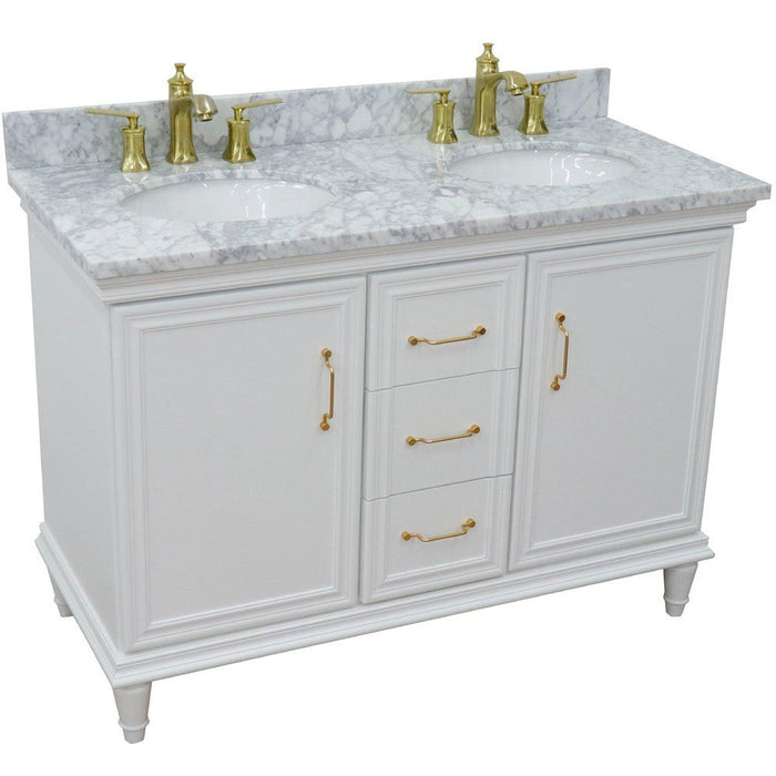 Bellaterra Home Forli 49" 2-Door 3-Drawer White Freestanding Vanity Set With Ceramic Double Undermount Oval Sink and White Carrara Marble Top - Luxe Vanity & Tub