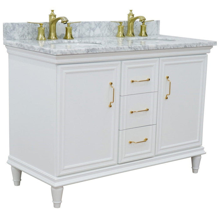 Bellaterra Home Forli 49" 2-Door 3-Drawer White Freestanding Vanity Set With Ceramic Double Undermount Oval Sink and White Carrara Marble Top - Luxe Vanity & Tub