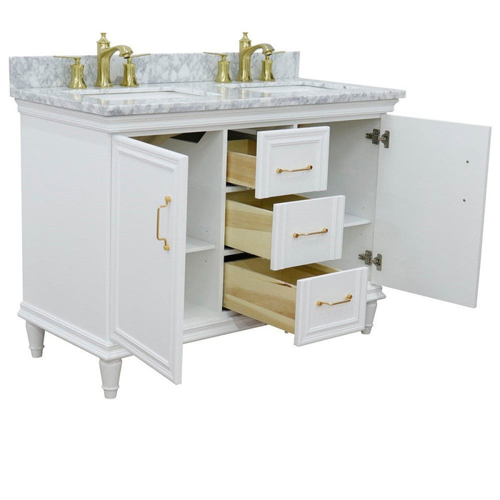 Bellaterra Home Forli 49" 2-Door 3-Drawer White Freestanding Vanity Set With Ceramic Double Undermount Rectangular Sink and White Carrara Marble Top - Luxe Vanity & Tub