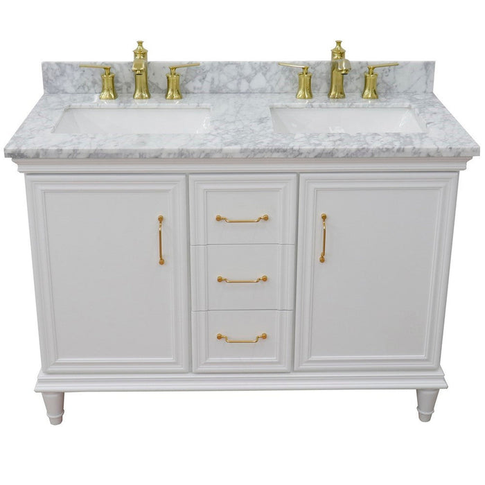 Bellaterra Home Forli 49" 2-Door 3-Drawer White Freestanding Vanity Set With Ceramic Double Undermount Rectangular Sink and White Carrara Marble Top - Luxe Vanity & Tub