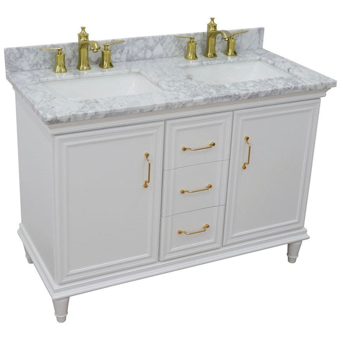 Bellaterra Home Forli 49" 2-Door 3-Drawer White Freestanding Vanity Set With Ceramic Double Undermount Rectangular Sink and White Carrara Marble Top - Luxe Vanity & Tub