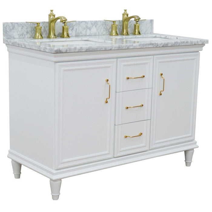 Bellaterra Home Forli 49" 2-Door 3-Drawer White Freestanding Vanity Set With Ceramic Double Undermount Rectangular Sink and White Carrara Marble Top - Luxe Vanity & Tub