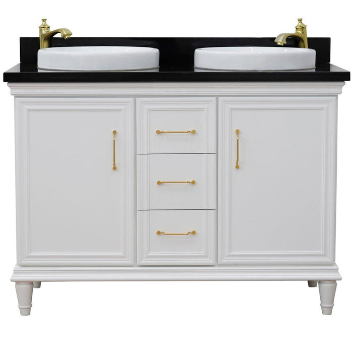 Bellaterra Home Forli 49" 2-Door 3-Drawer White Freestanding Vanity Set With Ceramic Double Vessel Sink and Black Galaxy Granite Top - Luxe Vanity & Tub