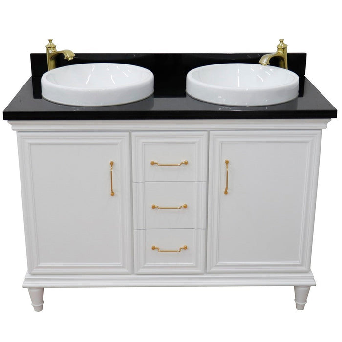 Bellaterra Home Forli 49" 2-Door 3-Drawer White Freestanding Vanity Set With Ceramic Double Vessel Sink and Black Galaxy Granite Top - Luxe Vanity & Tub