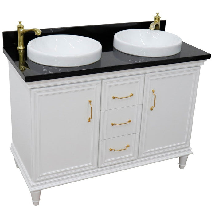 Bellaterra Home Forli 49" 2-Door 3-Drawer White Freestanding Vanity Set With Ceramic Double Vessel Sink and Black Galaxy Granite Top - Luxe Vanity & Tub