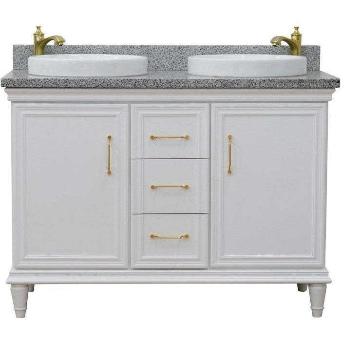 Bellaterra Home Forli 49" 2-Door 3-Drawer White Freestanding Vanity Set With Ceramic Double Vessel Sink and Gray Granite Top - Luxe Vanity & Tub