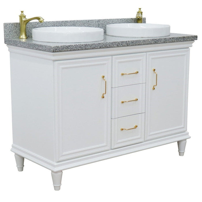 Bellaterra Home Forli 49" 2-Door 3-Drawer White Freestanding Vanity Set With Ceramic Double Vessel Sink and Gray Granite Top - Luxe Vanity & Tub