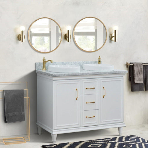 Bellaterra Home Forli 49" 2-Door 3-Drawer White Freestanding Vanity Set With Ceramic Double Vessel Sink and White Carrara Marble Top