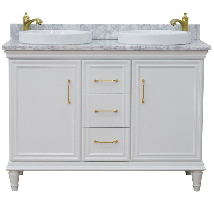 Bellaterra Home Forli 49" 2-Door 3-Drawer White Freestanding Vanity Set With Ceramic Double Vessel Sink and White Carrara Marble Top - Luxe Vanity & Tub