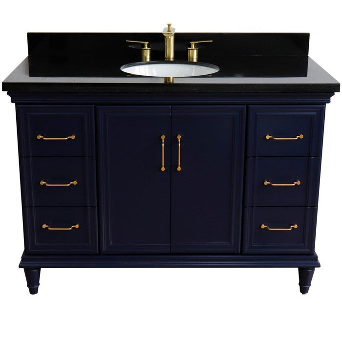 Bellaterra Home Forli 49" 2-Door 6-Drawer Blue Freestanding Vanity Set With Ceramic Undermount Oval Sink and Black Galaxy Granite Top - Luxe Vanity & Tub