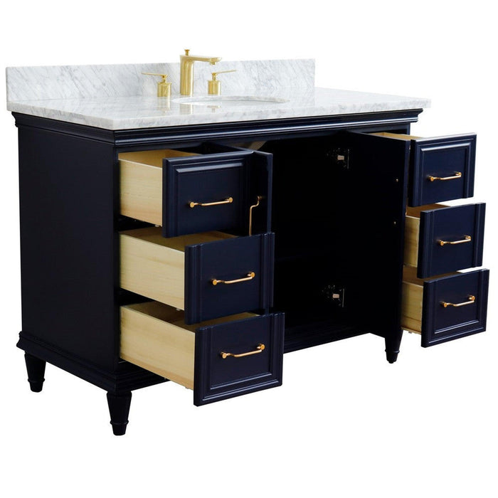 Bellaterra Home Forli 49" 2-Door 6-Drawer Blue Freestanding Vanity Set With Ceramic Undermount Oval Sink and White Carrara Marble Top - Luxe Vanity & Tub