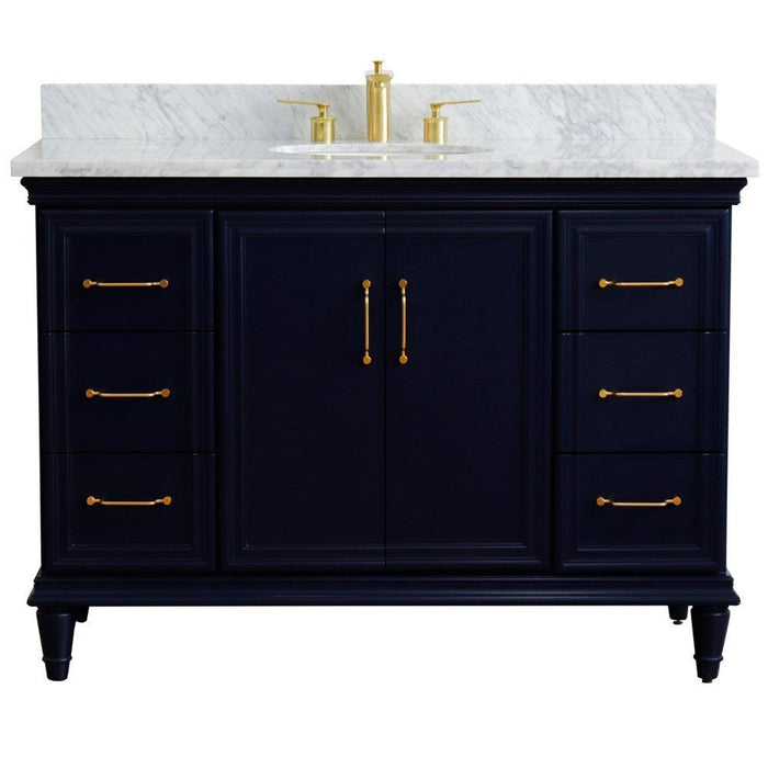 Bellaterra Home Forli 49" 2-Door 6-Drawer Blue Freestanding Vanity Set With Ceramic Undermount Oval Sink and White Carrara Marble Top - Luxe Vanity & Tub