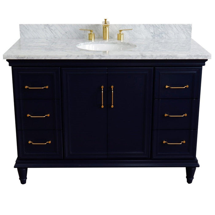 Bellaterra Home Forli 49" 2-Door 6-Drawer Blue Freestanding Vanity Set With Ceramic Undermount Oval Sink and White Carrara Marble Top - Luxe Vanity & Tub