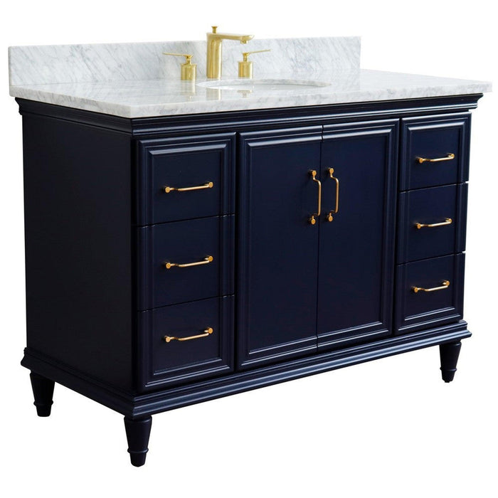 Bellaterra Home Forli 49" 2-Door 6-Drawer Blue Freestanding Vanity Set With Ceramic Undermount Oval Sink and White Carrara Marble Top - Luxe Vanity & Tub