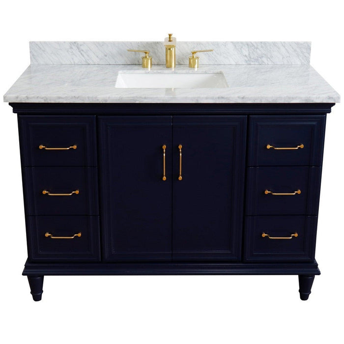 Bellaterra Home Forli 49" 2-Door 6-Drawer Blue Freestanding Vanity Set With Ceramic Undermount Rectangular Sink and White Carrara Marble Top - Luxe Vanity & Tub