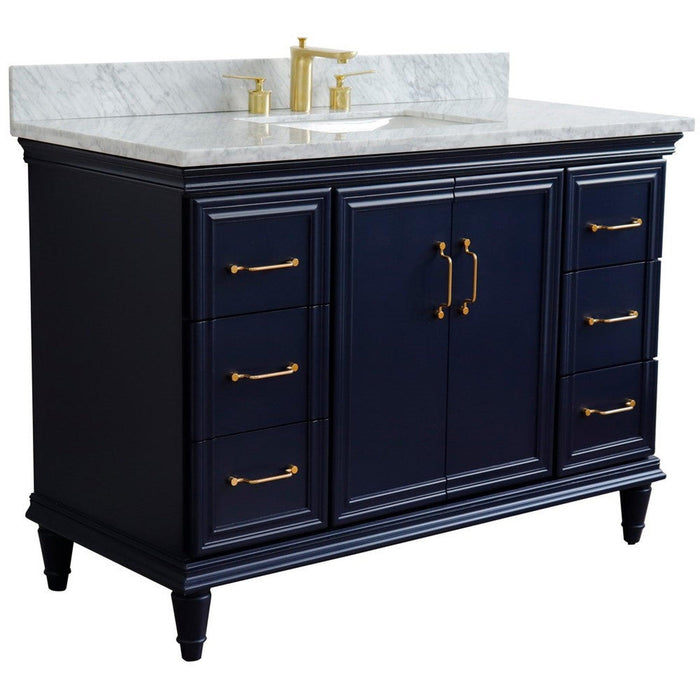 Bellaterra Home Forli 49" 2-Door 6-Drawer Blue Freestanding Vanity Set With Ceramic Undermount Rectangular Sink and White Carrara Marble Top - Luxe Vanity & Tub