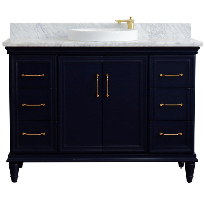 Bellaterra Home Forli 49" 2-Door 6-Drawer Blue Freestanding Vanity Set With Ceramic Vessel Sink and White Carrara Marble Top - Luxe Vanity & Tub