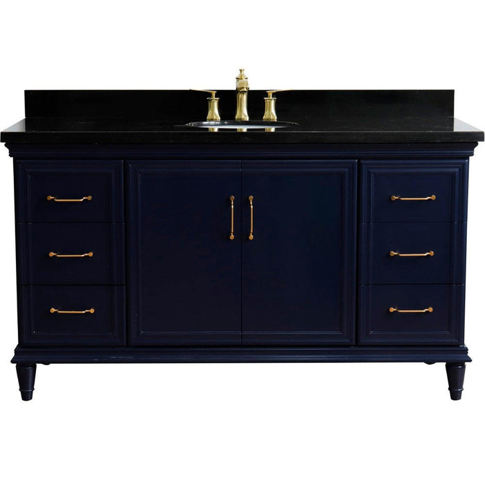 Bellaterra Home Forli 61" 2-Door 6-Drawer Blue Freestanding Vanity Set With Ceramic Undermount Oval Sink and Black Galaxy Granite Top - Luxe Vanity & Tub