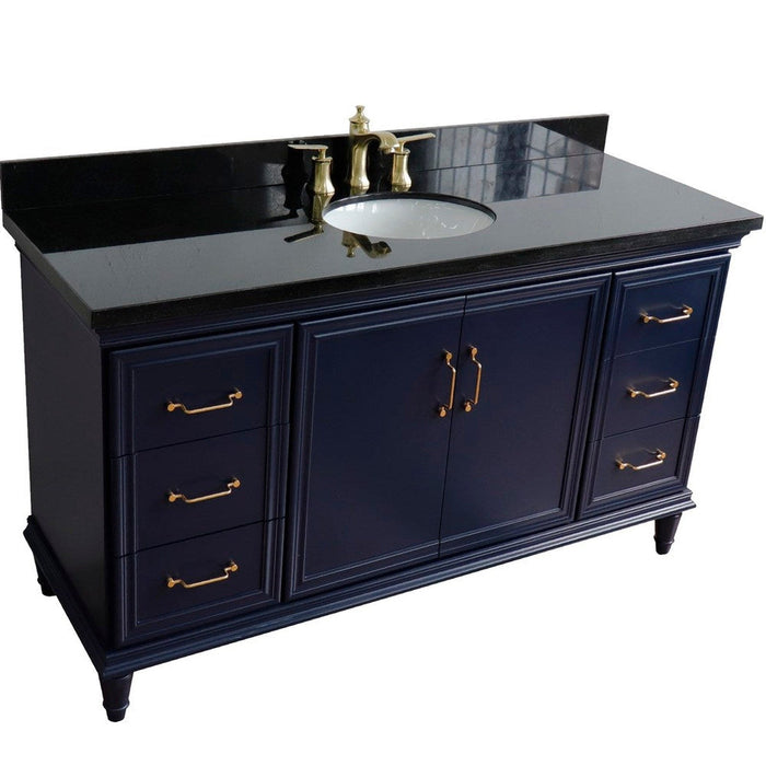 Bellaterra Home Forli 61" 2-Door 6-Drawer Blue Freestanding Vanity Set With Ceramic Undermount Oval Sink and Black Galaxy Granite Top - Luxe Vanity & Tub