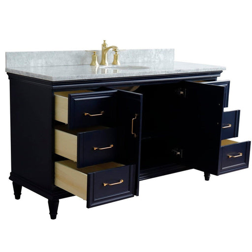 Bellaterra Home Forli 61" 2-Door 6-Drawer Blue Freestanding Vanity Set With Ceramic Undermount Oval Sink and White Carrara Marble Top - Luxe Vanity & Tub