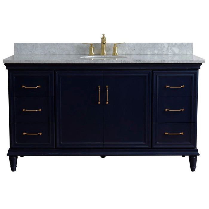 Bellaterra Home Forli 61" 2-Door 6-Drawer Blue Freestanding Vanity Set With Ceramic Undermount Oval Sink and White Carrara Marble Top - Luxe Vanity & Tub