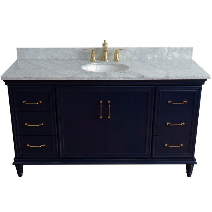 Bellaterra Home Forli 61" 2-Door 6-Drawer Blue Freestanding Vanity Set With Ceramic Undermount Oval Sink and White Carrara Marble Top - Luxe Vanity & Tub