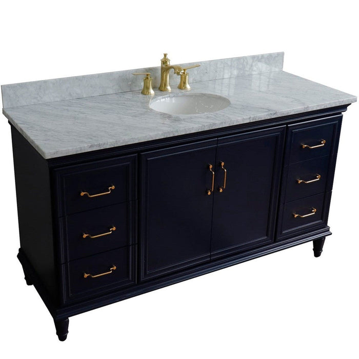 Bellaterra Home Forli 61" 2-Door 6-Drawer Blue Freestanding Vanity Set With Ceramic Undermount Oval Sink and White Carrara Marble Top - Luxe Vanity & Tub