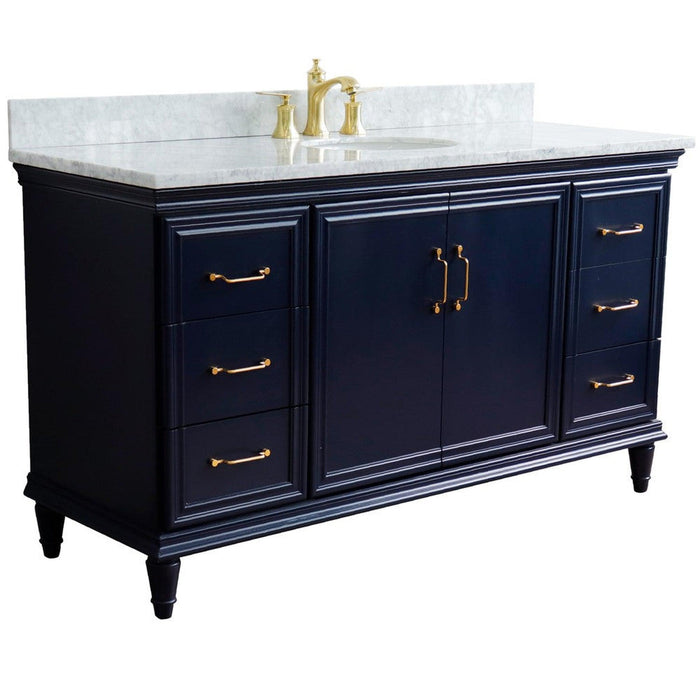 Bellaterra Home Forli 61" 2-Door 6-Drawer Blue Freestanding Vanity Set With Ceramic Undermount Oval Sink and White Carrara Marble Top - Luxe Vanity & Tub