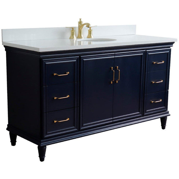 Bellaterra Home Forli 61" 2-Door 6-Drawer Blue Freestanding Vanity Set With Ceramic Undermount Oval Sink and White Quartz Top - Luxe Vanity & Tub