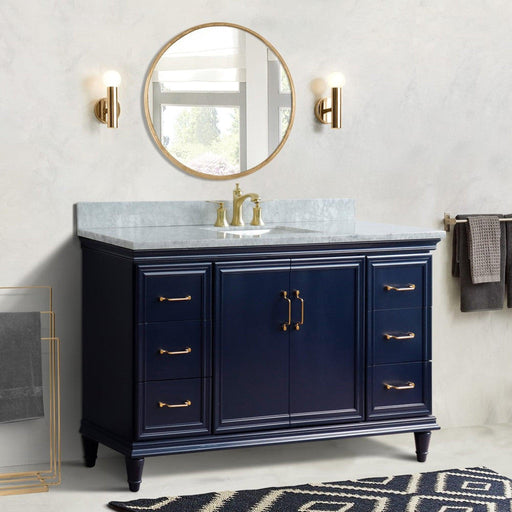 Bellaterra Home Forli 61" 2-Door 6-Drawer Blue Freestanding Vanity Set With Ceramic Undermount Rectangular Sink and White Carrara Marble Top