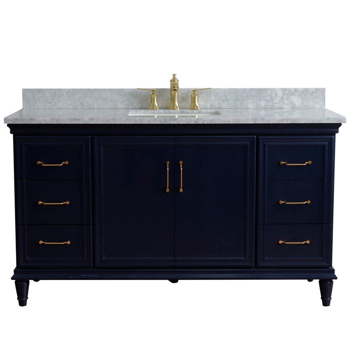 Bellaterra Home Forli 61" 2-Door 6-Drawer Blue Freestanding Vanity Set With Ceramic Undermount Rectangular Sink and White Carrara Marble Top - Luxe Vanity & Tub