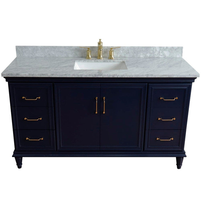 Bellaterra Home Forli 61" 2-Door 6-Drawer Blue Freestanding Vanity Set With Ceramic Undermount Rectangular Sink and White Carrara Marble Top - Luxe Vanity & Tub