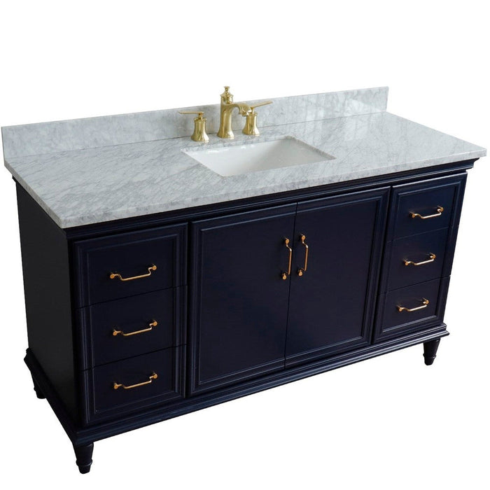 Bellaterra Home Forli 61" 2-Door 6-Drawer Blue Freestanding Vanity Set With Ceramic Undermount Rectangular Sink and White Carrara Marble Top - Luxe Vanity & Tub