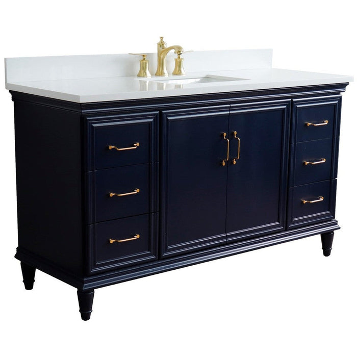 Bellaterra Home Forli 61" 2-Door 6-Drawer Blue Freestanding Vanity Set With Ceramic Undermount Rectangular Sink and White Quartz Top - Luxe Vanity & Tub