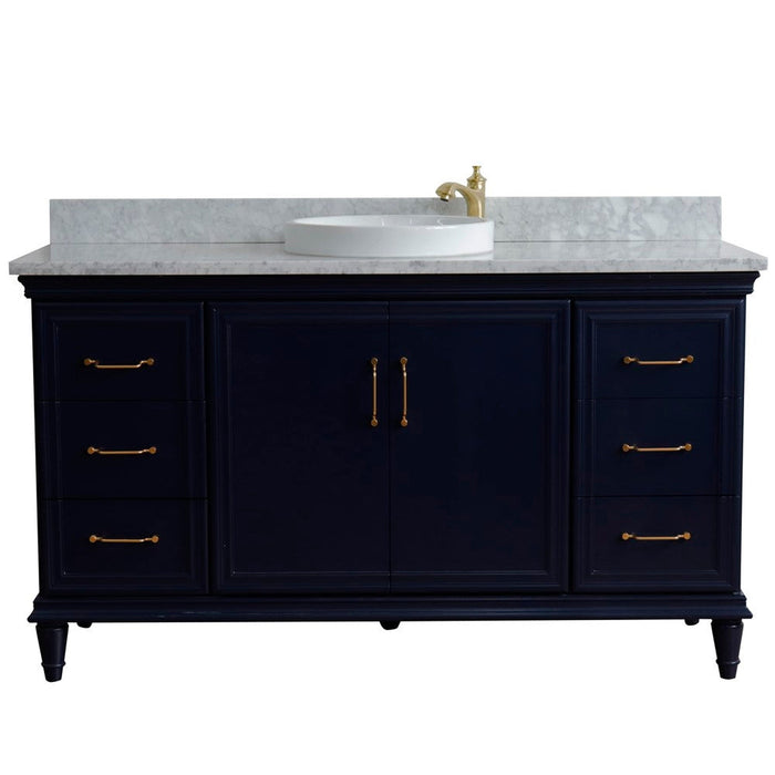 Bellaterra Home Forli 61" 2-Door 6-Drawer Blue Freestanding Vanity Set With Ceramic Vessel Sink and White Carrara Marble Top - Luxe Vanity & Tub