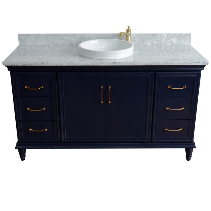 Bellaterra Home Forli 61" 2-Door 6-Drawer Blue Freestanding Vanity Set With Ceramic Vessel Sink and White Carrara Marble Top - Luxe Vanity & Tub