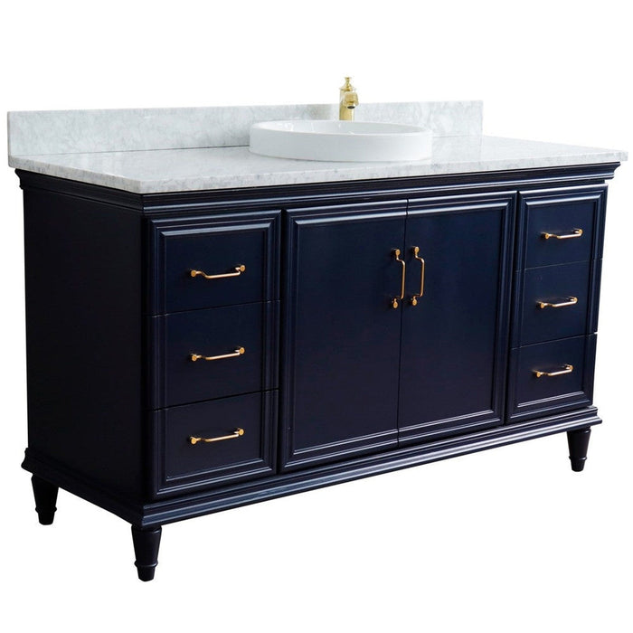 Bellaterra Home Forli 61" 2-Door 6-Drawer Blue Freestanding Vanity Set With Ceramic Vessel Sink and White Carrara Marble Top - Luxe Vanity & Tub