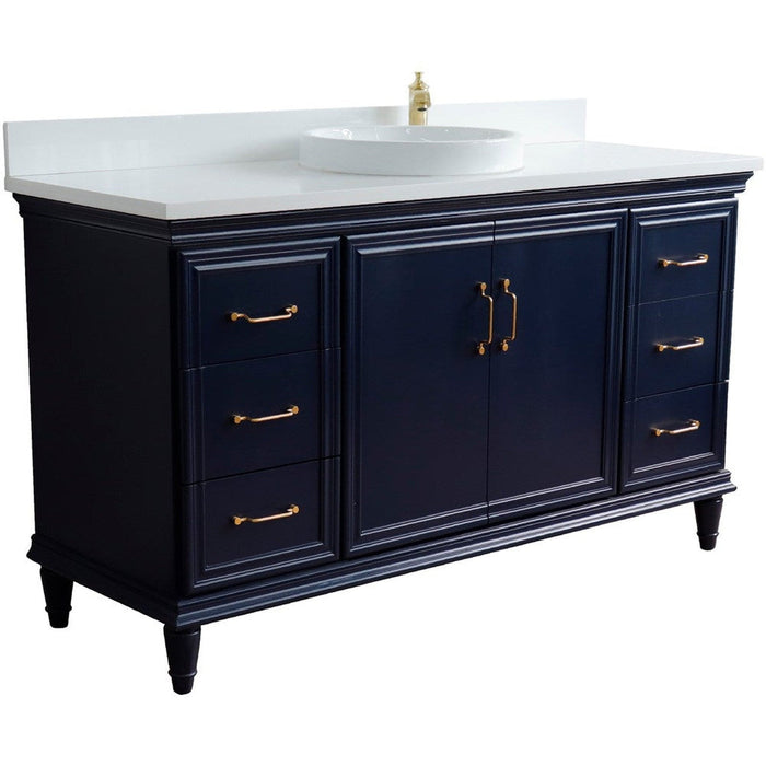 Bellaterra Home Forli 61" 2-Door 6-Drawer Blue Freestanding Vanity Set With Ceramic Vessel Sink and White Quartz Top - Luxe Vanity & Tub